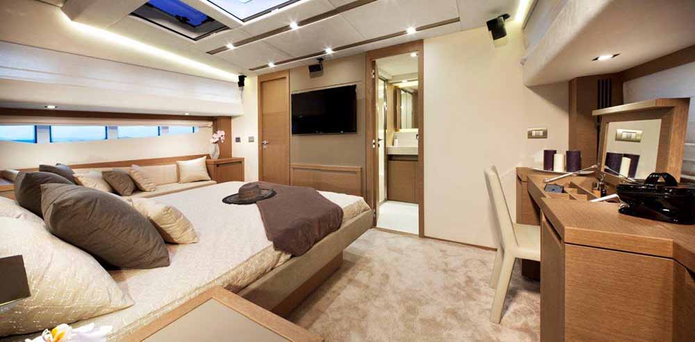 Master stateroom aboard the Prestige 750