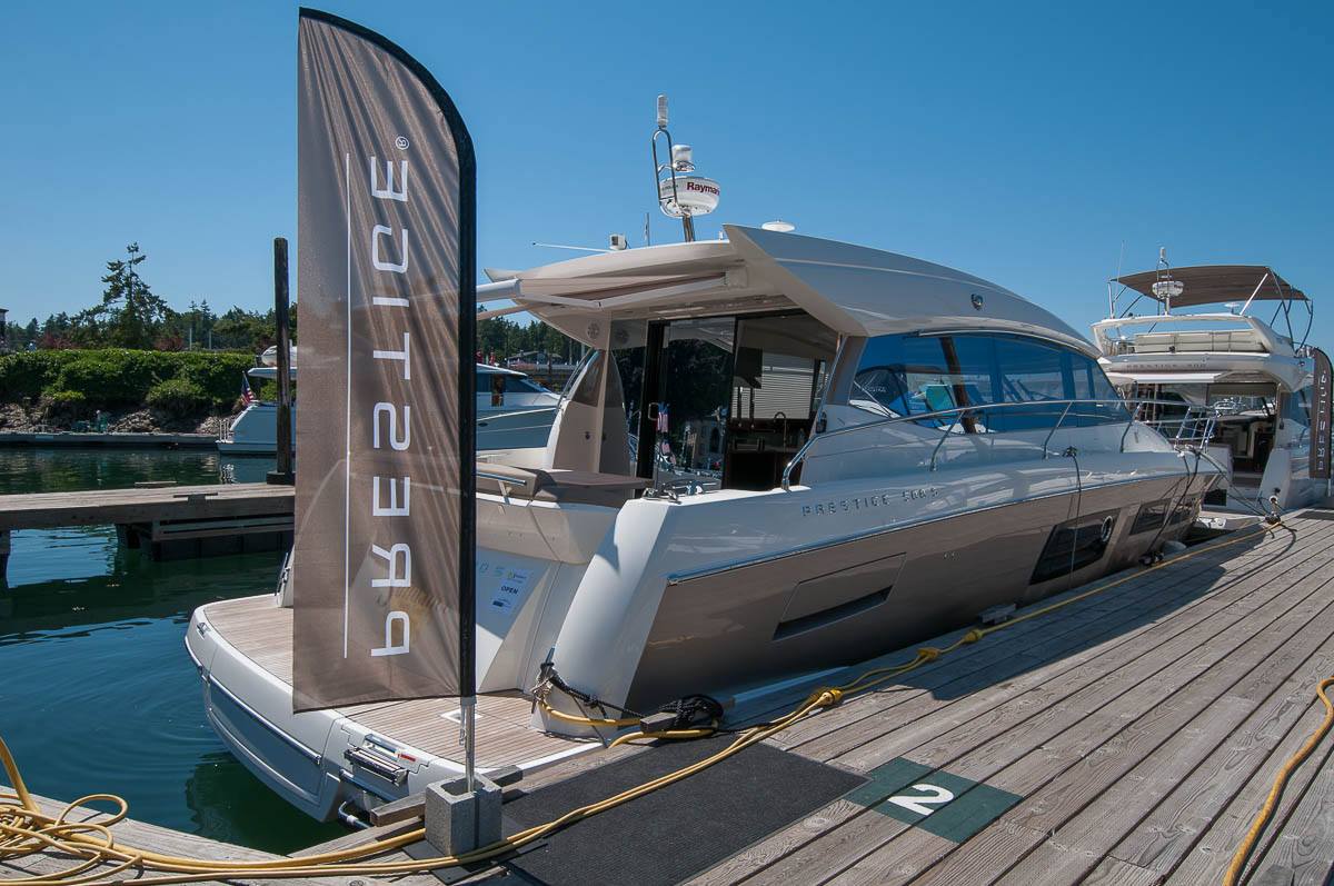 Prestige 500S docked at the guest dock at Roche Harbor