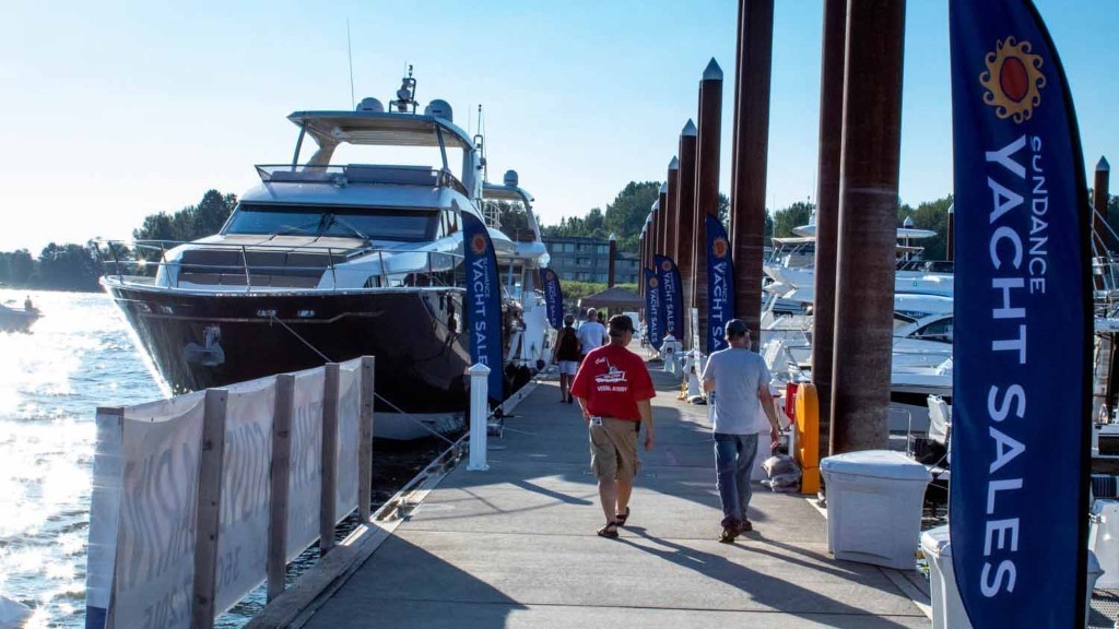 Photo of a Prestige 750 at the Tidewater Cove Boat Show in Portland, Oregon