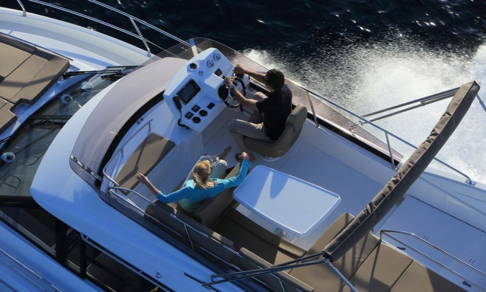 Top view closeup of the flybridge of the 37 Velasco while underway