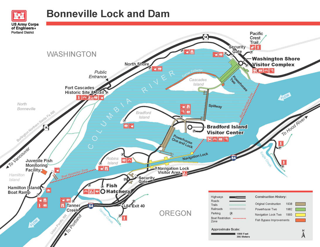 Map of the Bonneville Dam and Locks