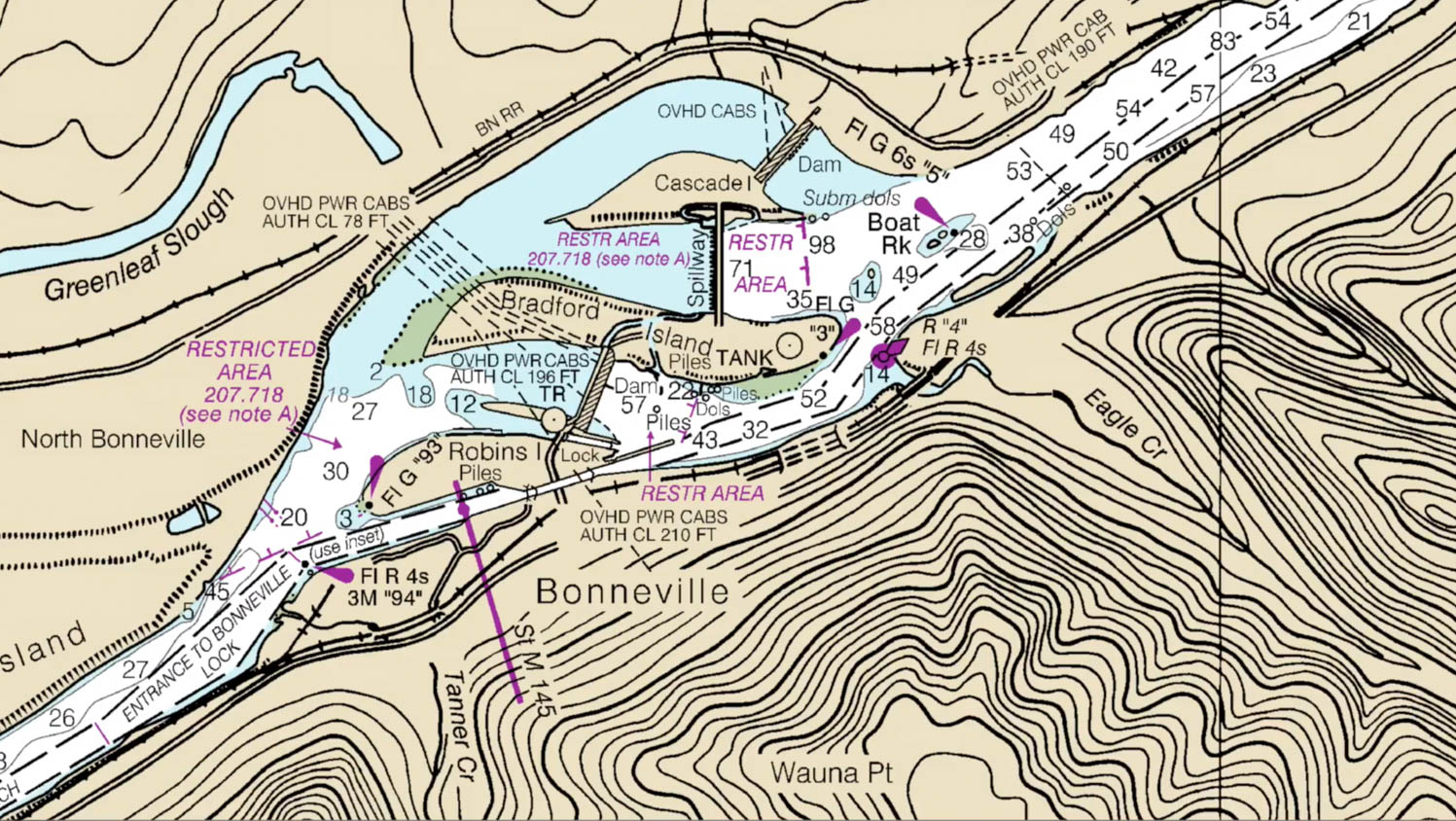 NOAA nautical chart of Bonneville Lock and Dam