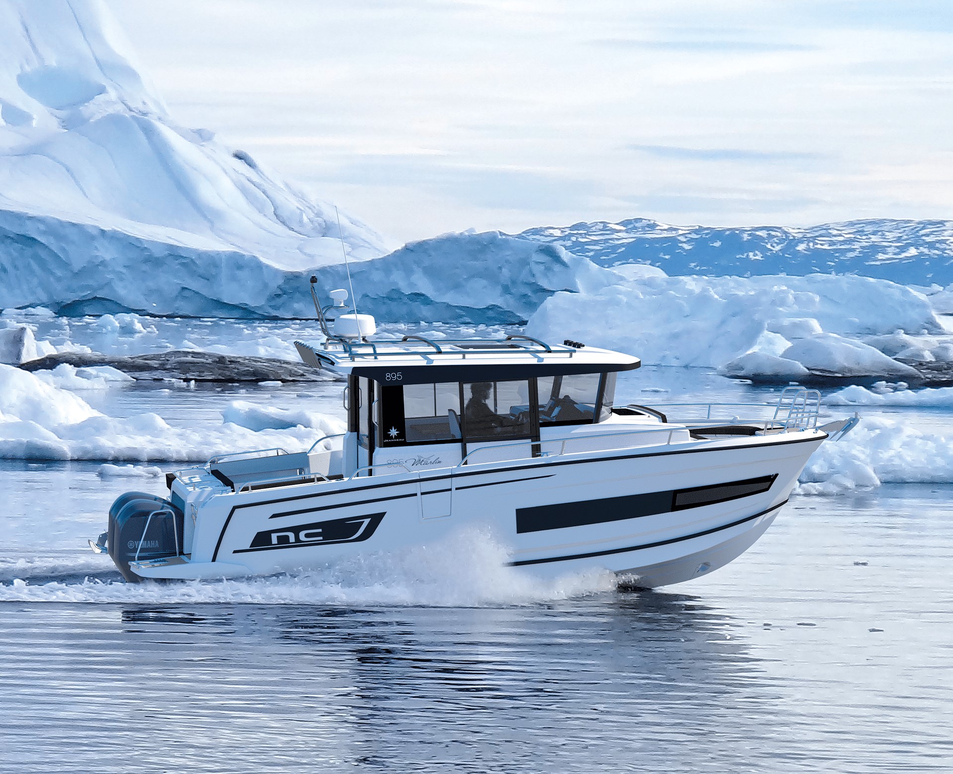 Jeanneau NC 895 Sport cruising with glaciers and icebergs in the background 