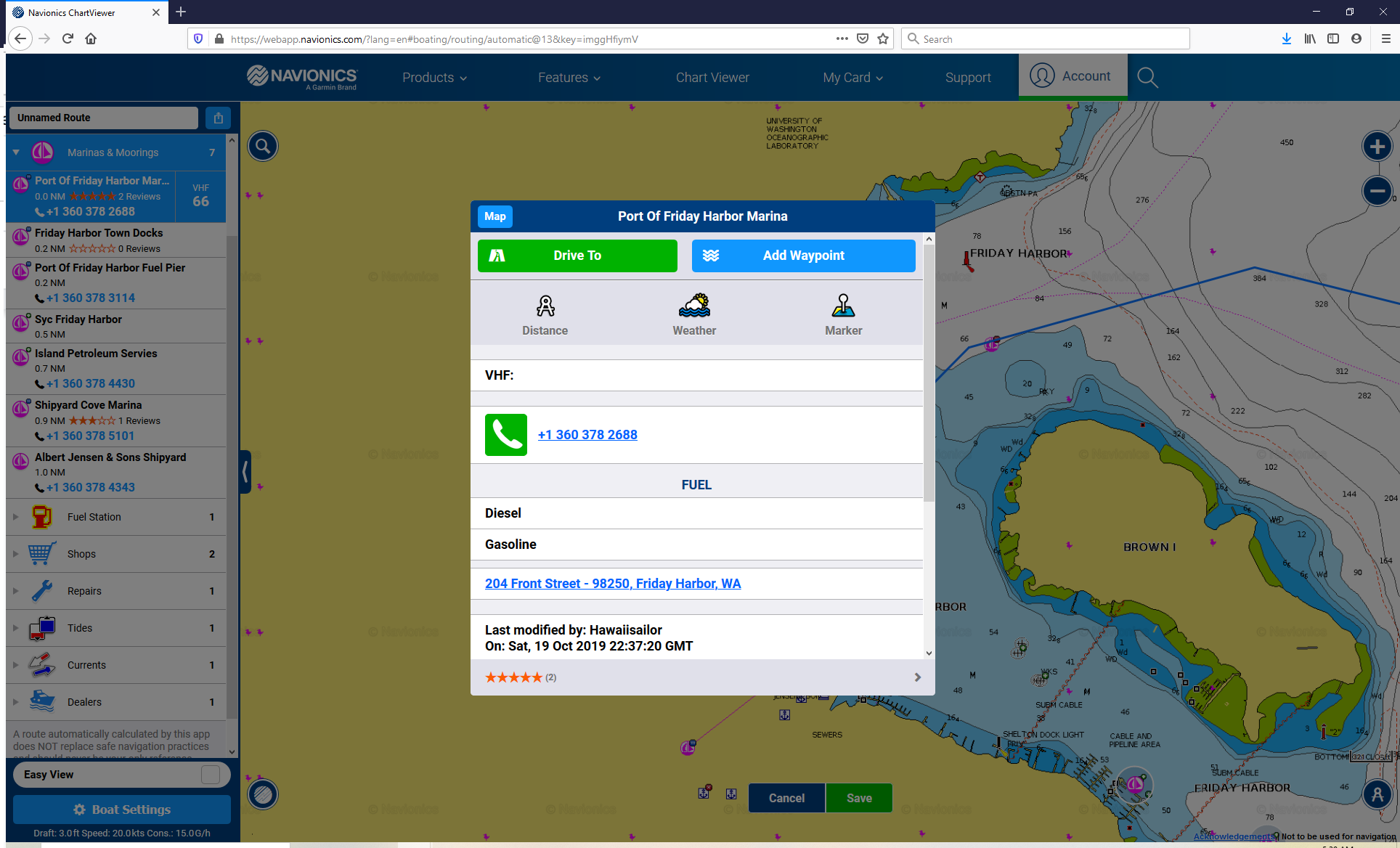 Navionics web app showing information about Friday Harbor