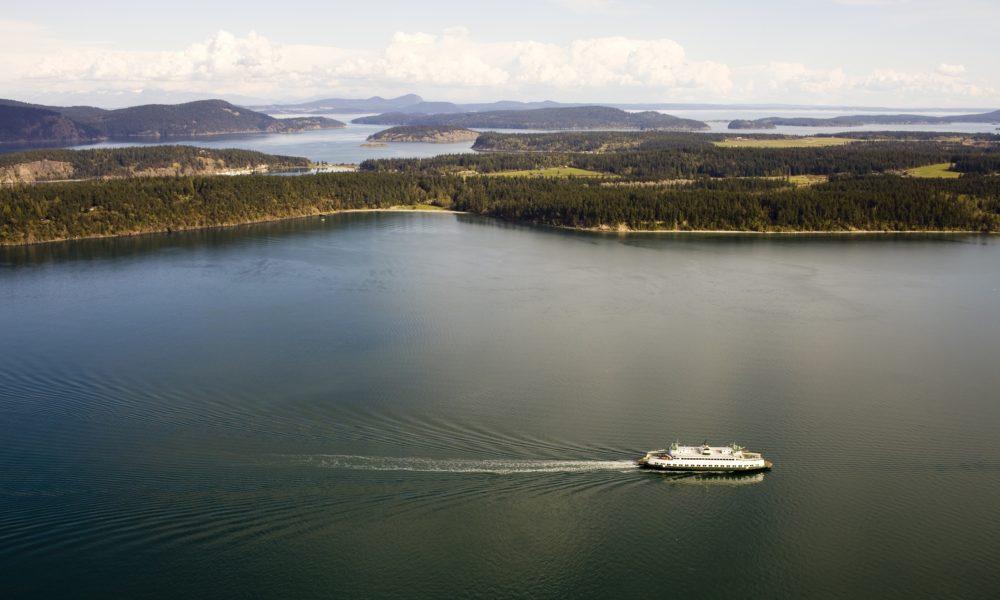 Aerial photo of a Washington State Ferry in the San Juan Islands