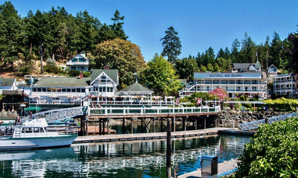 Roche Harbor on a sunny day with the Hotel de Haro in the background