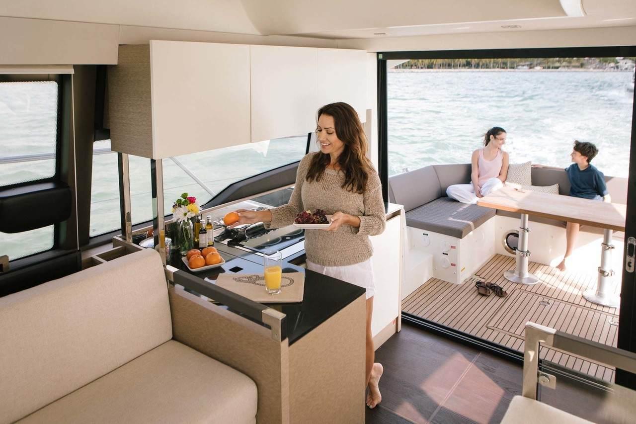 Preparing food in the galley of the Prestige 460