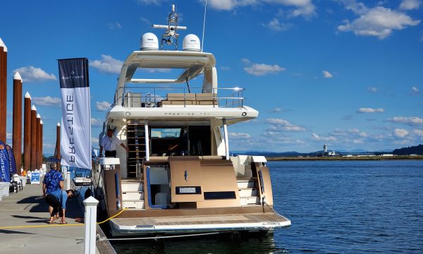 Prestige 750 tied up at Tidewater Cove marina in Portland, OR