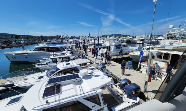 Lots of boats on display in Cap Sante Marina in Anacortes, WA on a sunny day