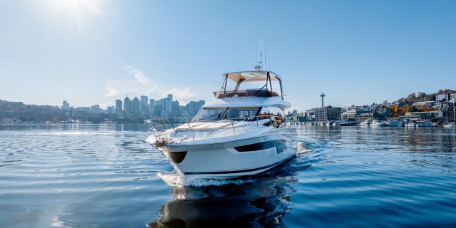 Photo of a Prestige 520 on Lake Union in Seattle with Space Needle in background 