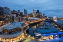 Bell Harbor Marina full of boats at the Seattle, WA waterfront on the Puget Sound