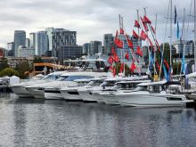 Lineup of boats and yachts at the Boats Afloat Show on Lake Union